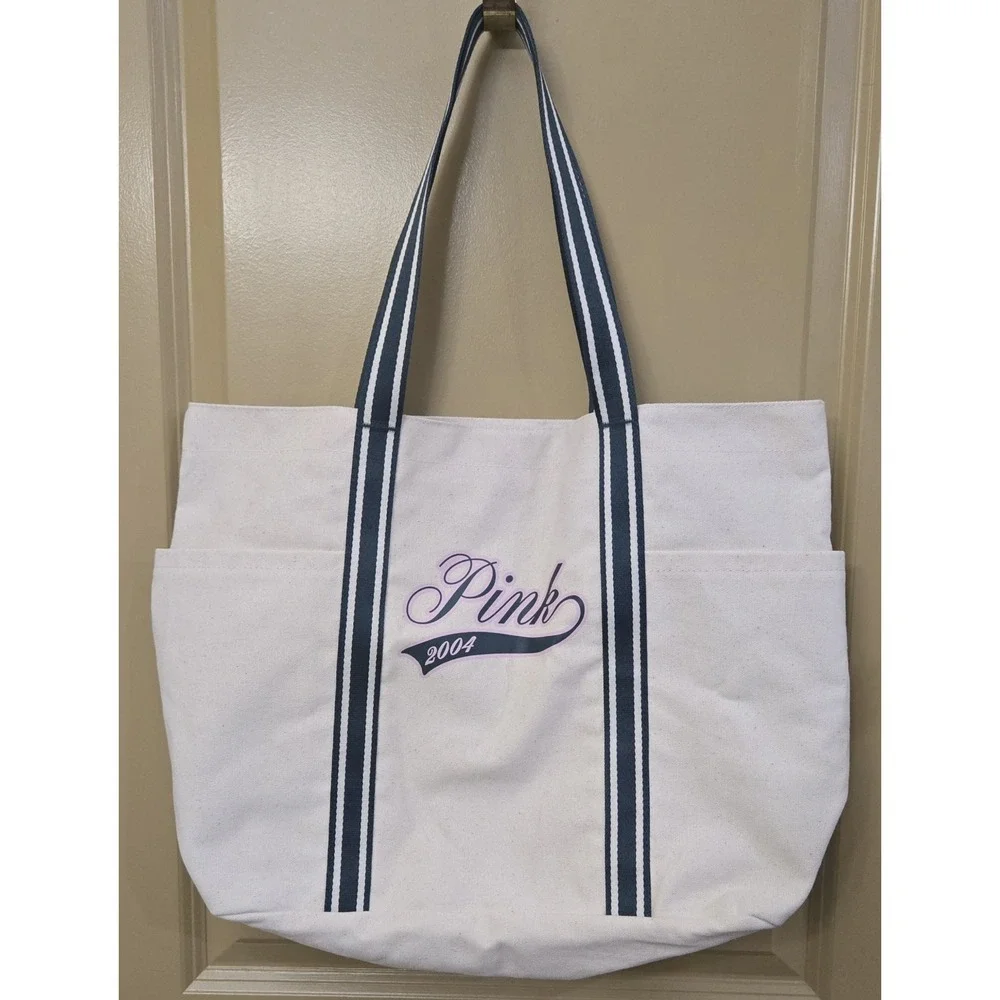Victorias Secret PINK Logo Canvas Travel Beach Gym Tote Bag Limited Edition NWOT